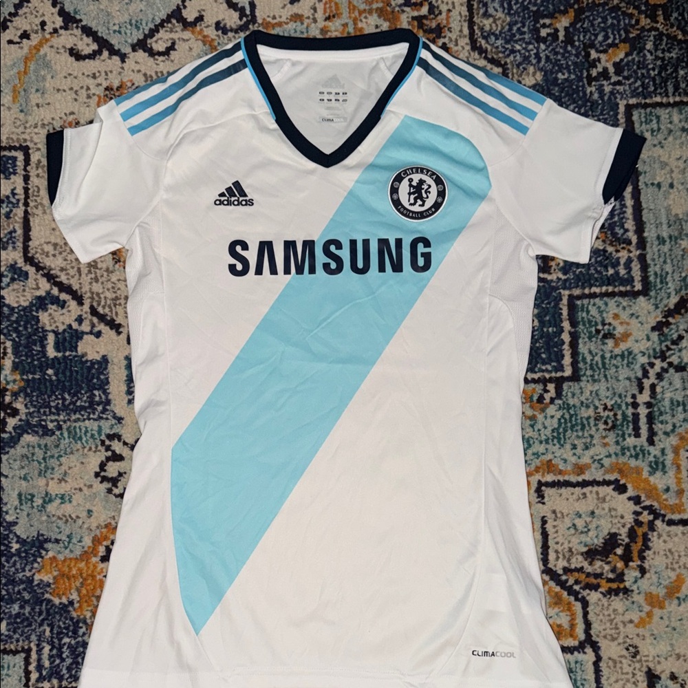 Adidas Chelsea 2012-13 away football shirt in white and light aqua blue